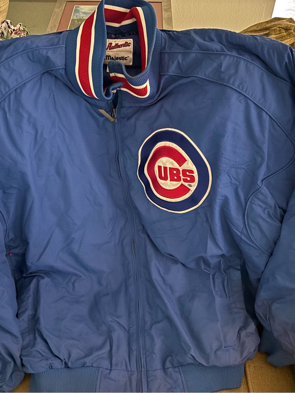 Majestic Blue Chicago Cubs Bomber Jacket with Red & White Accents